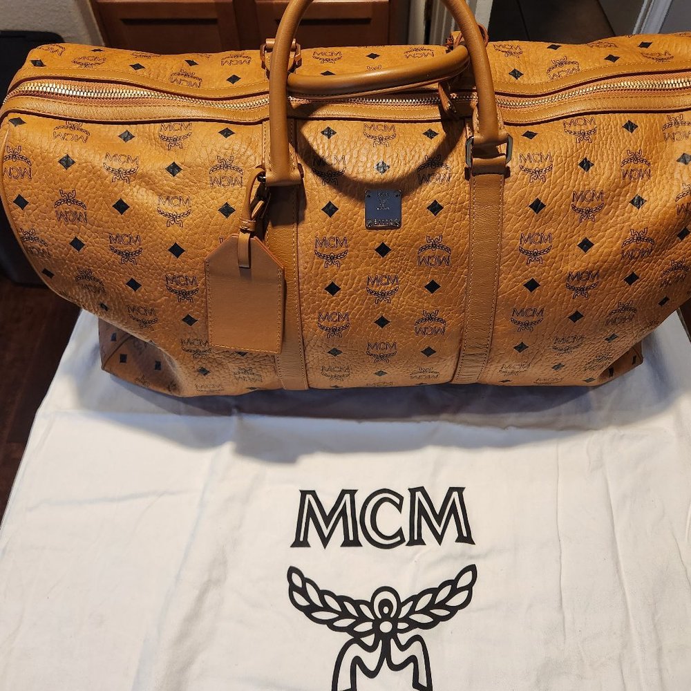 MCM Cognac Monogram Visetos Traveler Weekender Duffle with Strap 1015m54